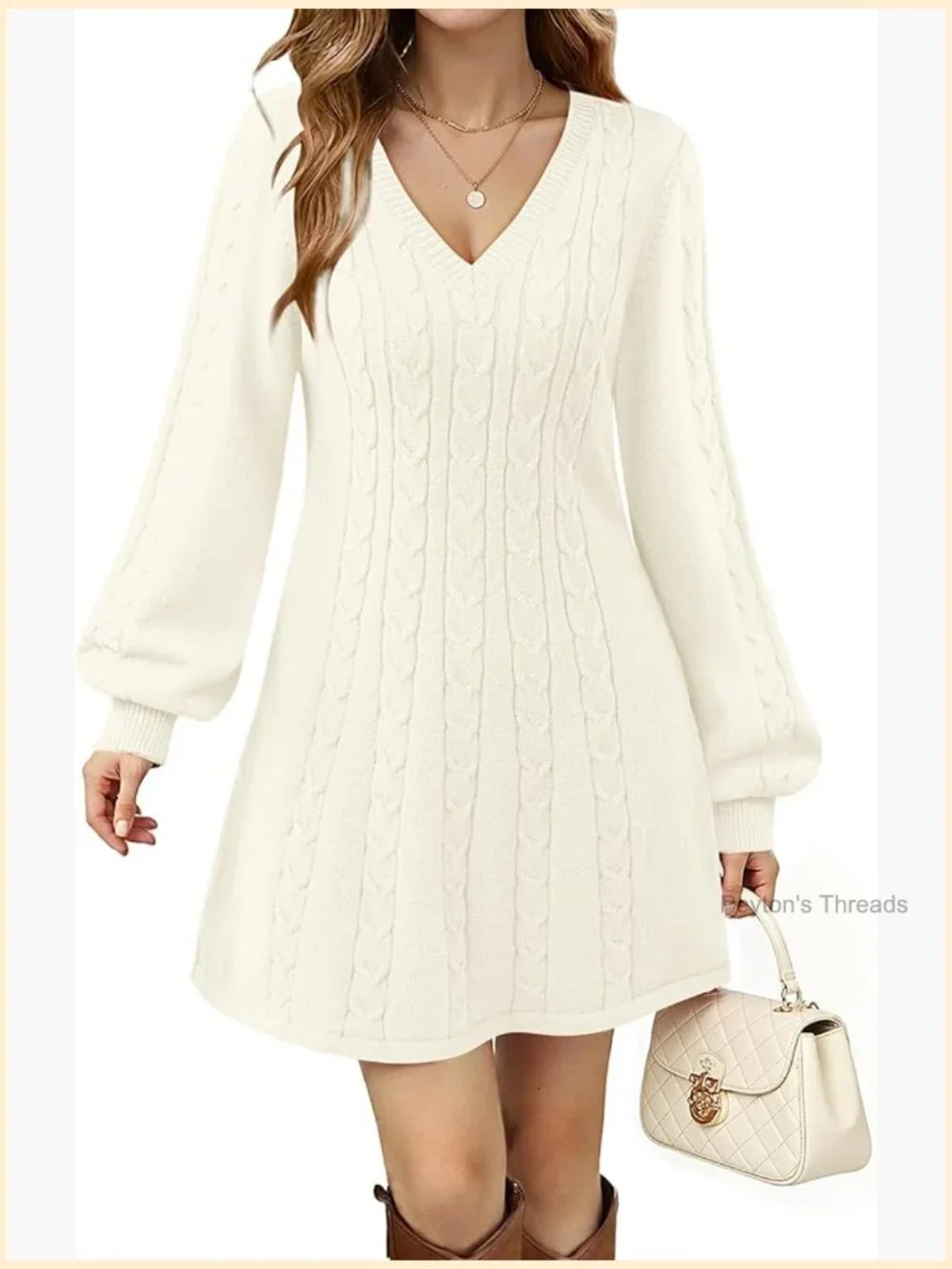Long Sleeve Cable Knit Sweater Dress V Neck A Line Midi Length